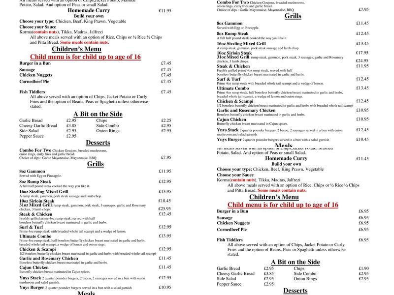 The Ynyscynon Inn Menu