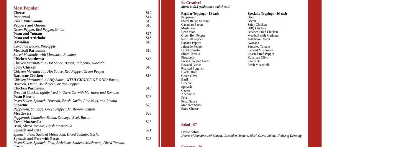 Christian's Pizza Menu