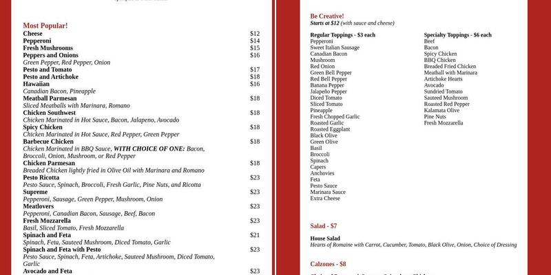 Christian's Pizza Menu