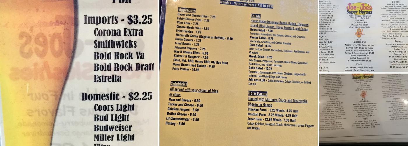 Joe-Joe's Super Heroes & Pizza Menu