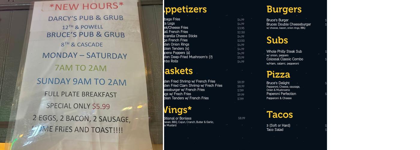 Bruce's Pub And Grub Menu