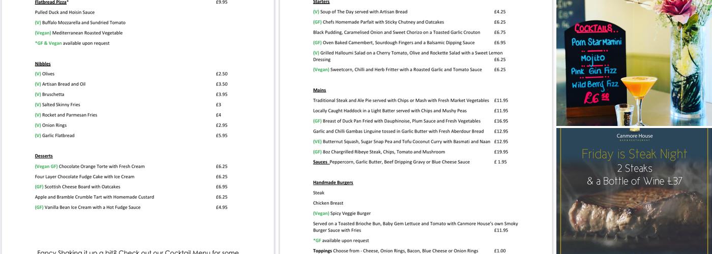 The Canmore House Bar and Restaurant Menu