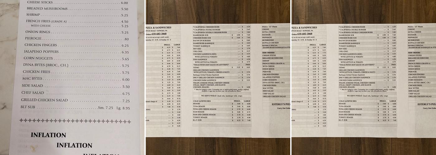 Esterly's Sandwich Shop Menu