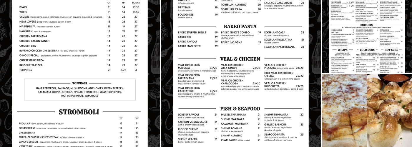 Gino's Cafe Italian Restaurant Pizzeria And Catering Menu