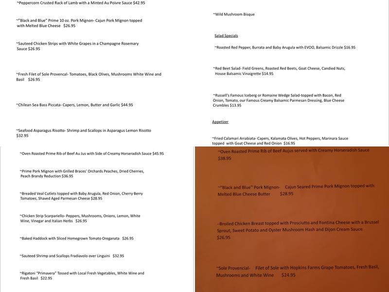 Russell Preno’s Restaurant Menu