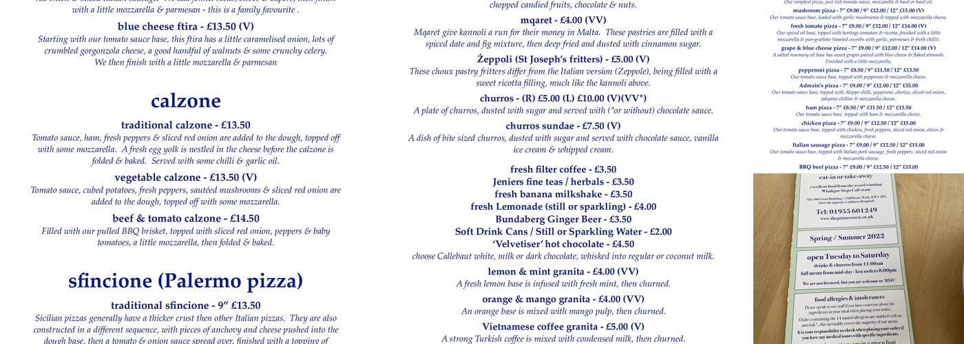 The Printers Rest Menu