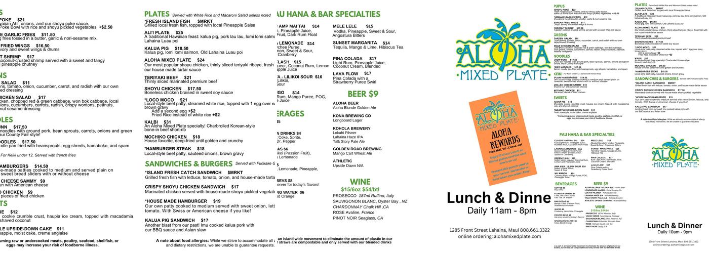 Aloha Mixed Plate Menu