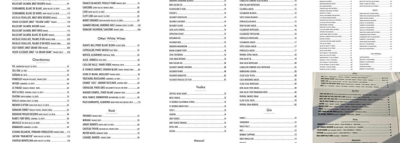 Honu Oceanside Menu