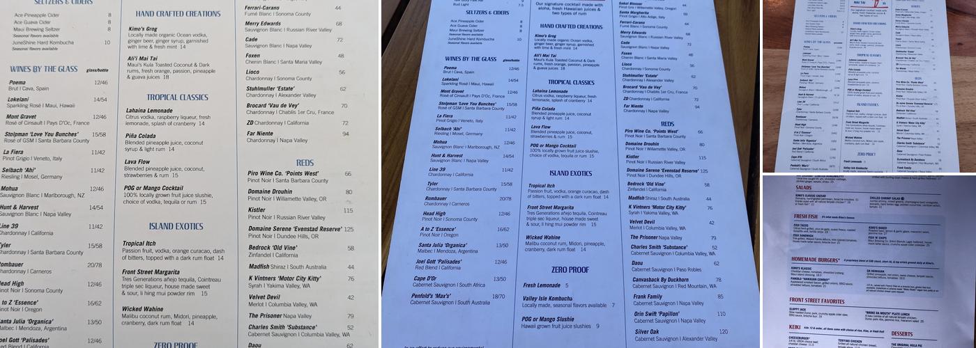 Kimo's Maui Menu