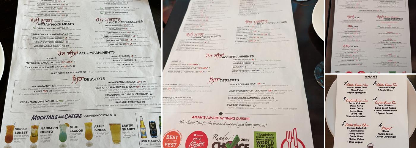 Aman's Artisan Indian Cuisine Menu