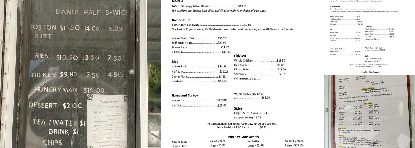 Paul Gant's Bar B Que Menu