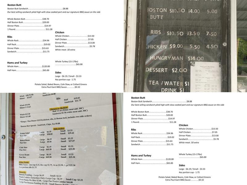 Paul Gant's Bar B Que Menu