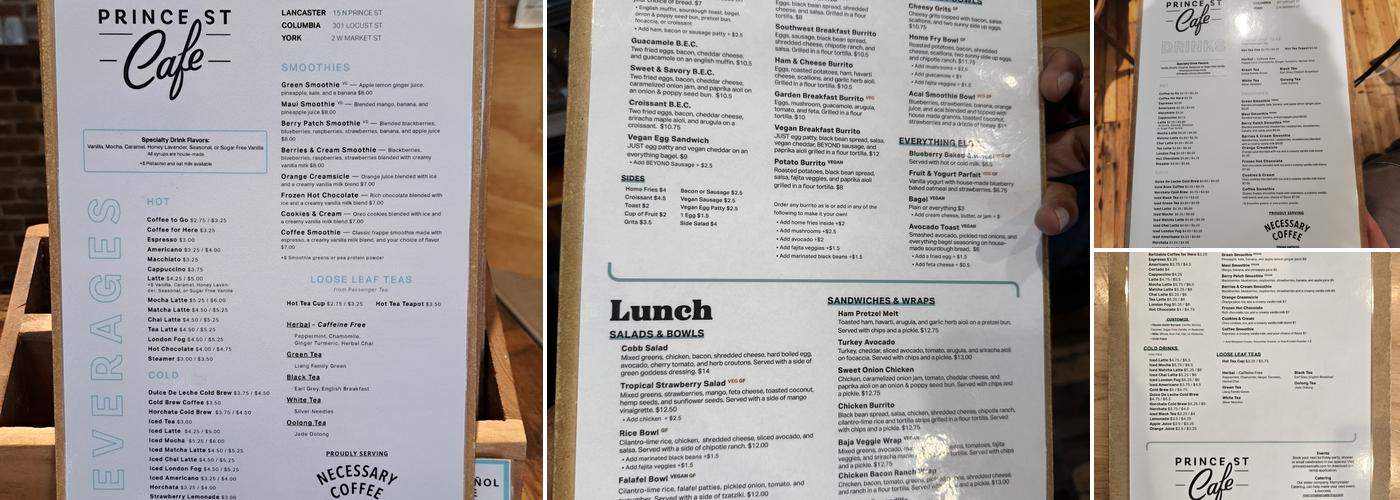 Prince Street Cafe, Lancaster Menu