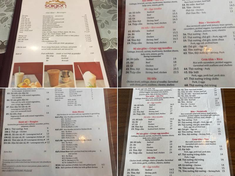 Sai Gòn Café Menu