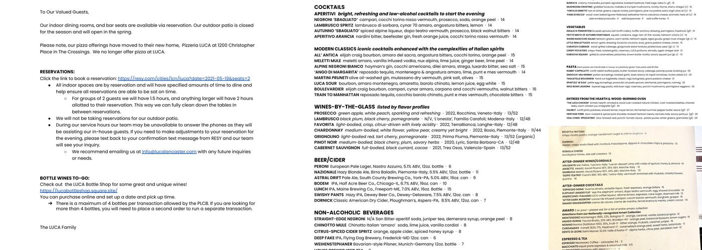 LUCA Menu