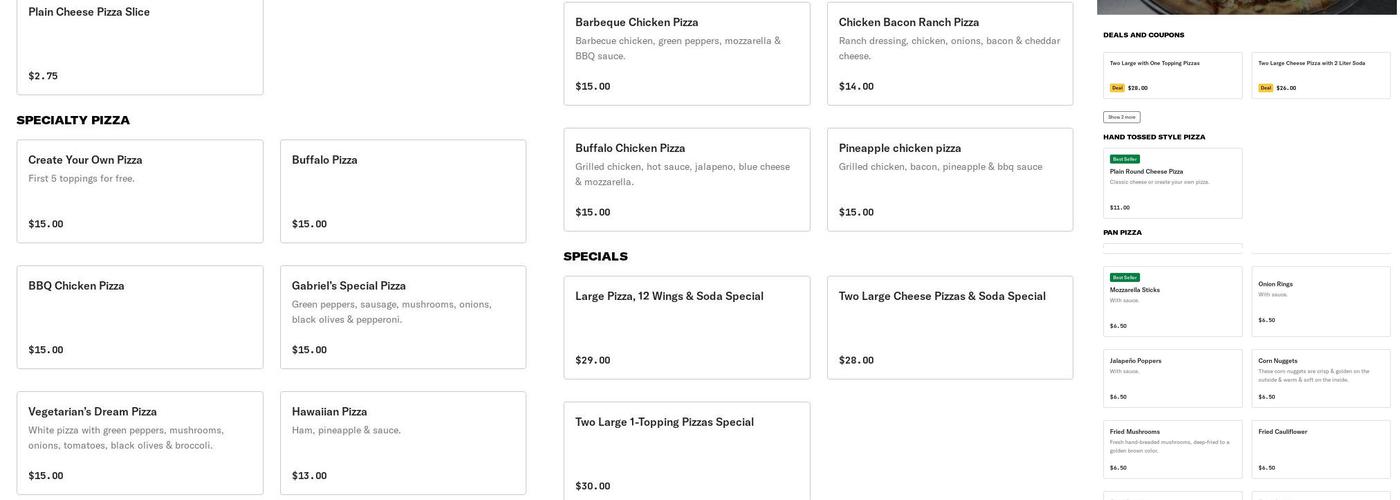 Gabriel's Pizza Menu
