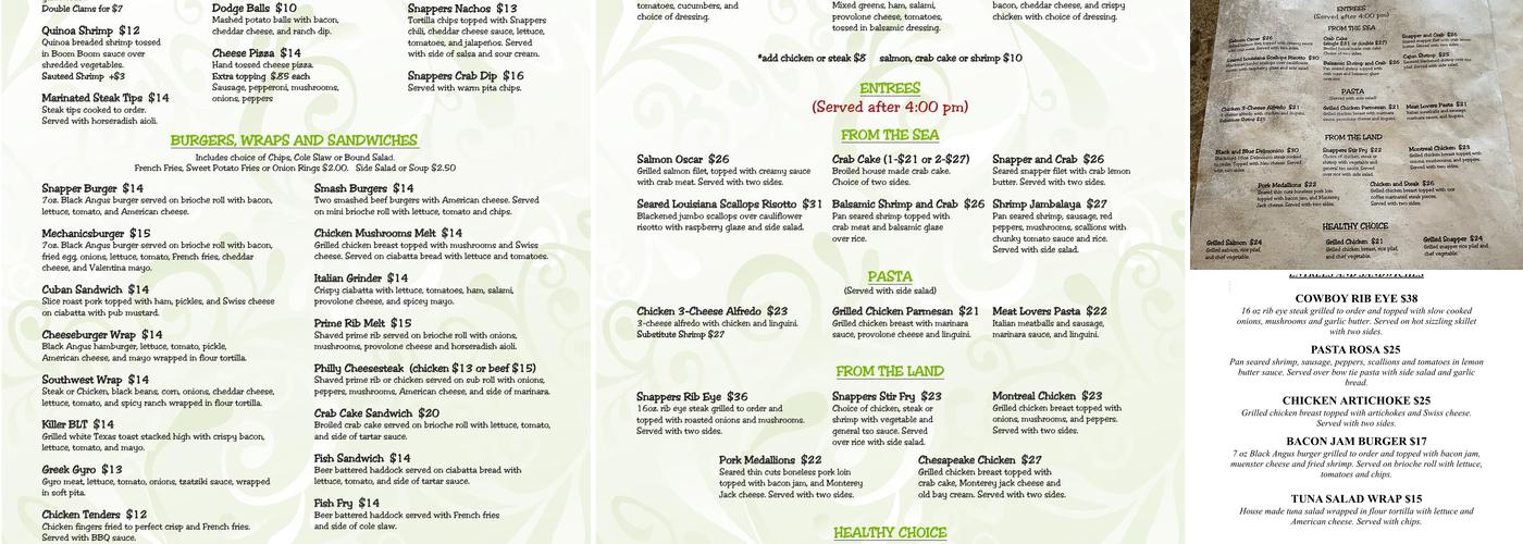 Snappers Bar & Grill Menu