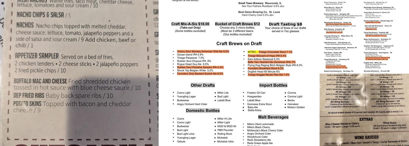 Underdog Sports Bar and Grill Menu