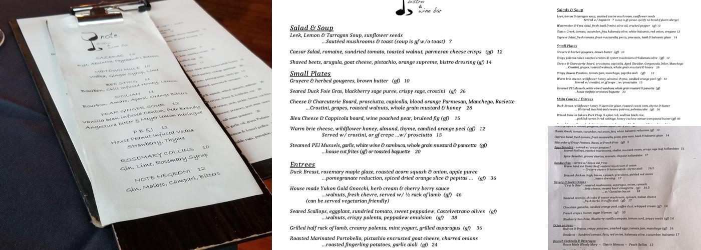 note. bistro & winebar Menu