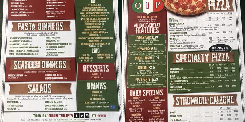 Original Italian Pizza Menu