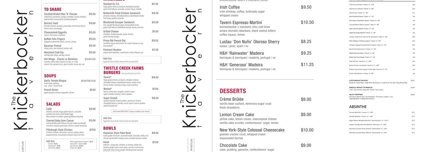 Knickerbocker Tavern Menu