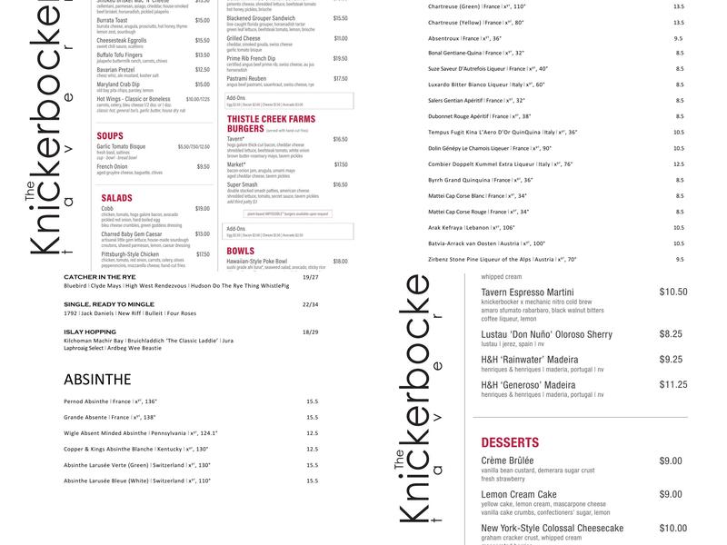Knickerbocker Tavern Menu