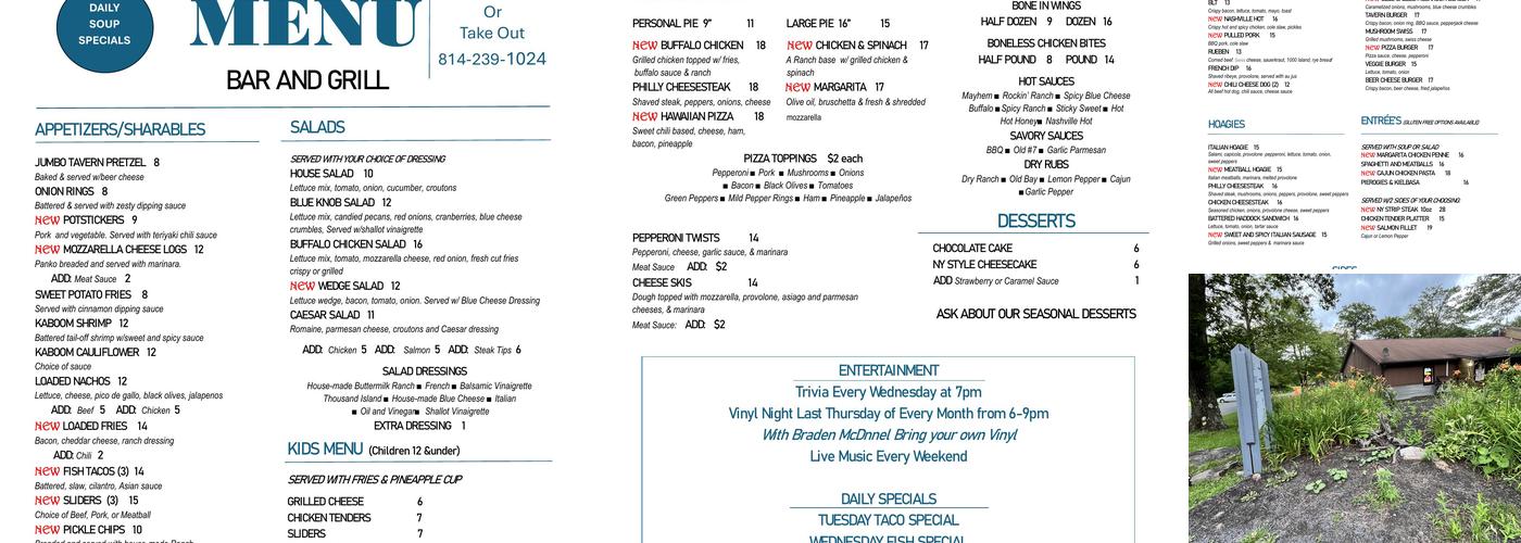 Blue Knob Club House Bar & Grille Menu