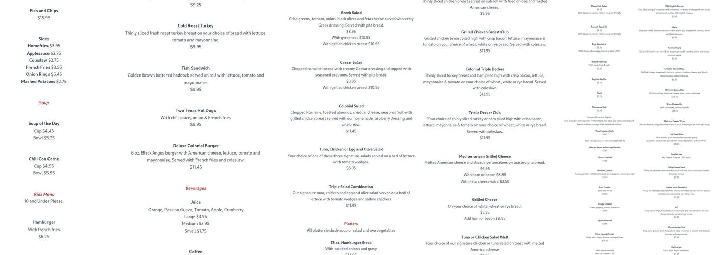 Colonial Coffee Shop Menu