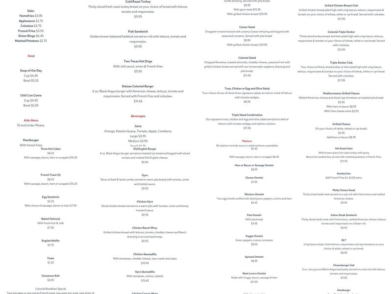 Colonial Coffee Shop Menu