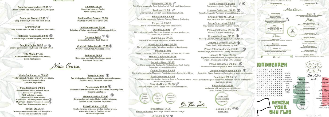 Portofino Ystrad Mynach Menu