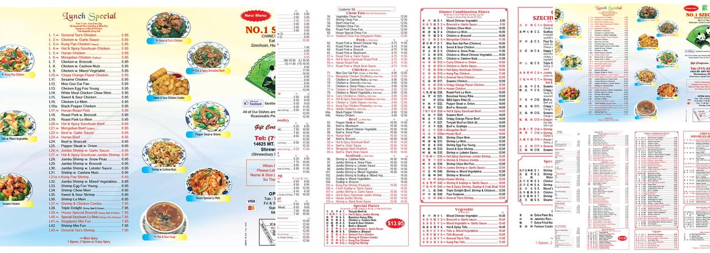 No. 1 Szechuan Chinese Restaurant Menu