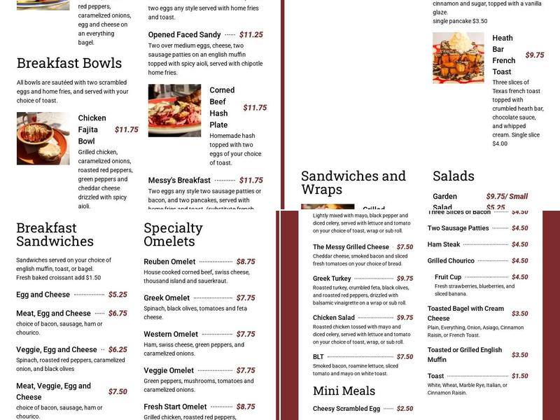 Messy's Cafe Menu