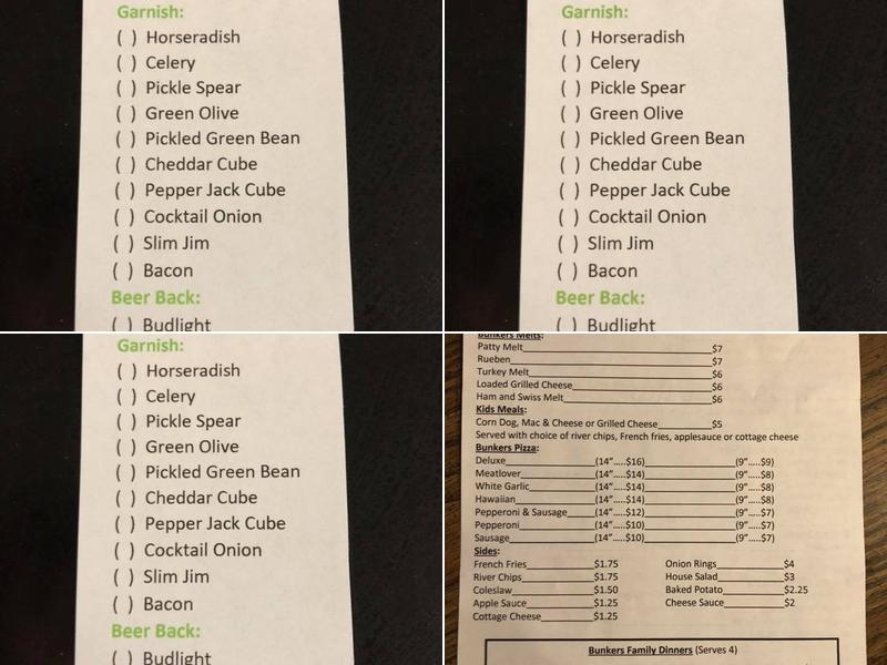 Bunkers Bar Menu