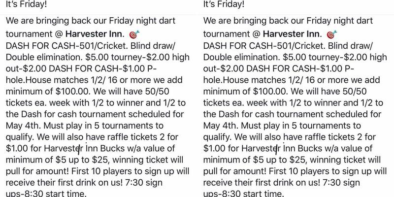 Harvester inn bar & grill Menu