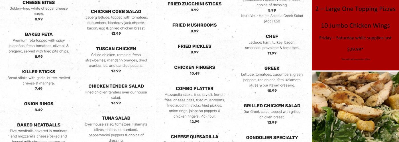 Gondolier Pizza Menu