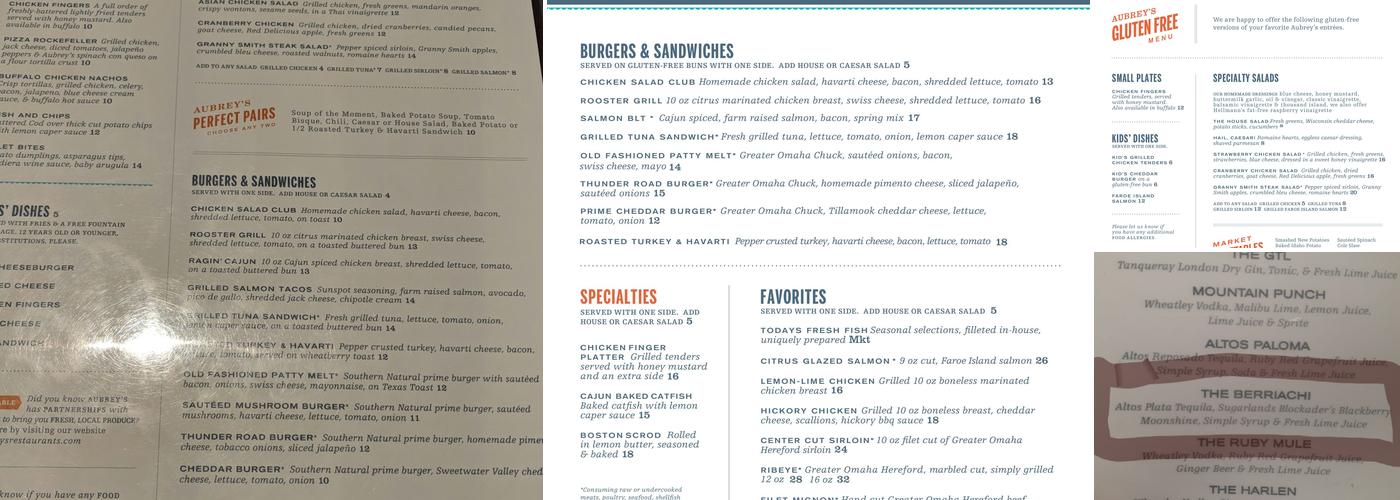 Aubrey's Papermill Menu