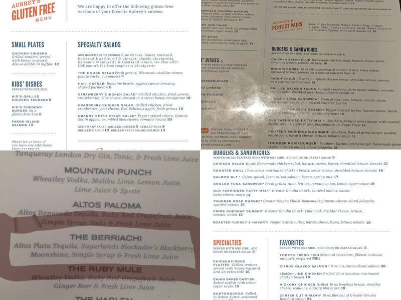 Aubrey's Papermill Menu
