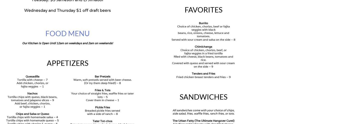 Urban Bar & Corner Cafe Menu