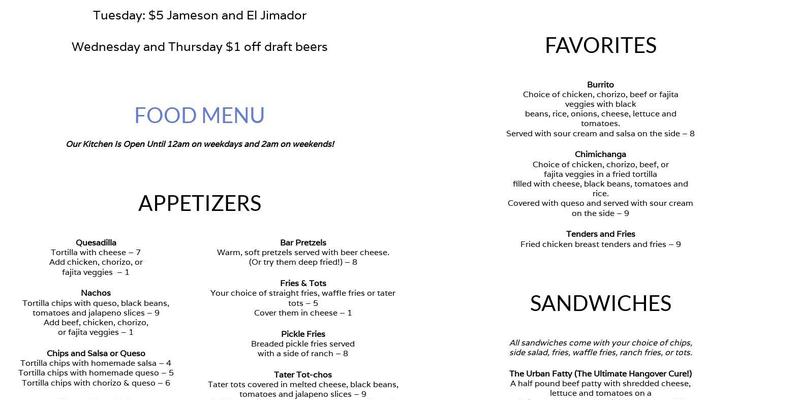 Urban Bar & Corner Cafe Menu