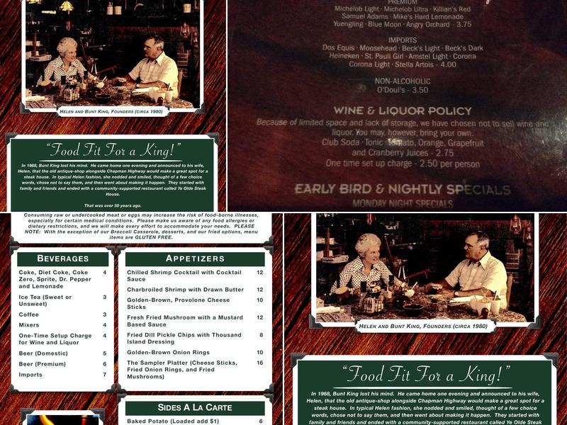 Ye Olde Steak House Menu