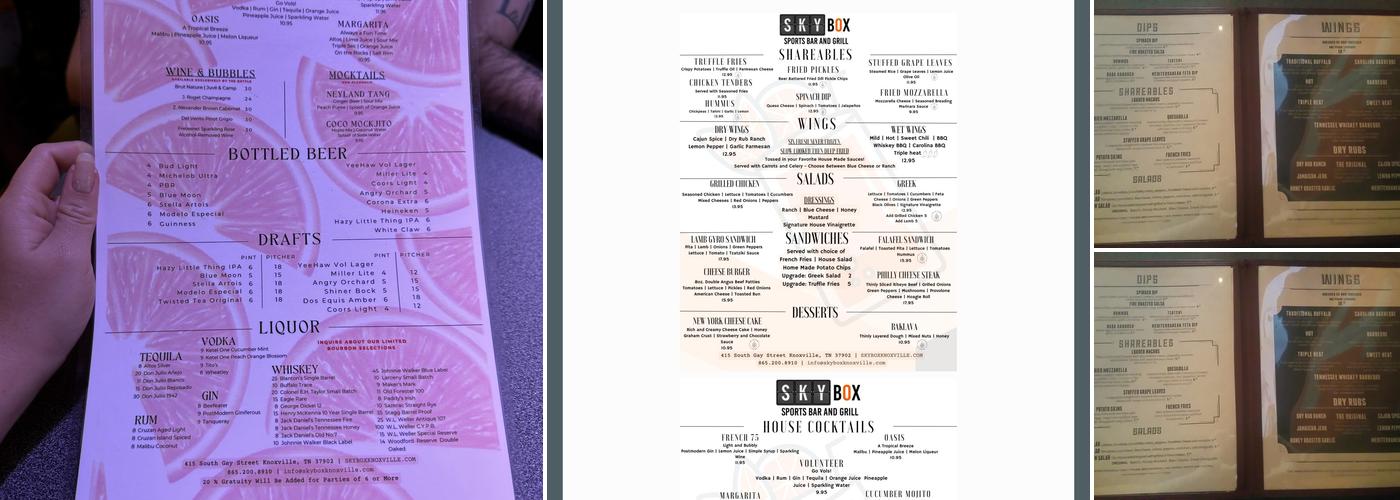 Skybox Sports Bar and Grill Menu