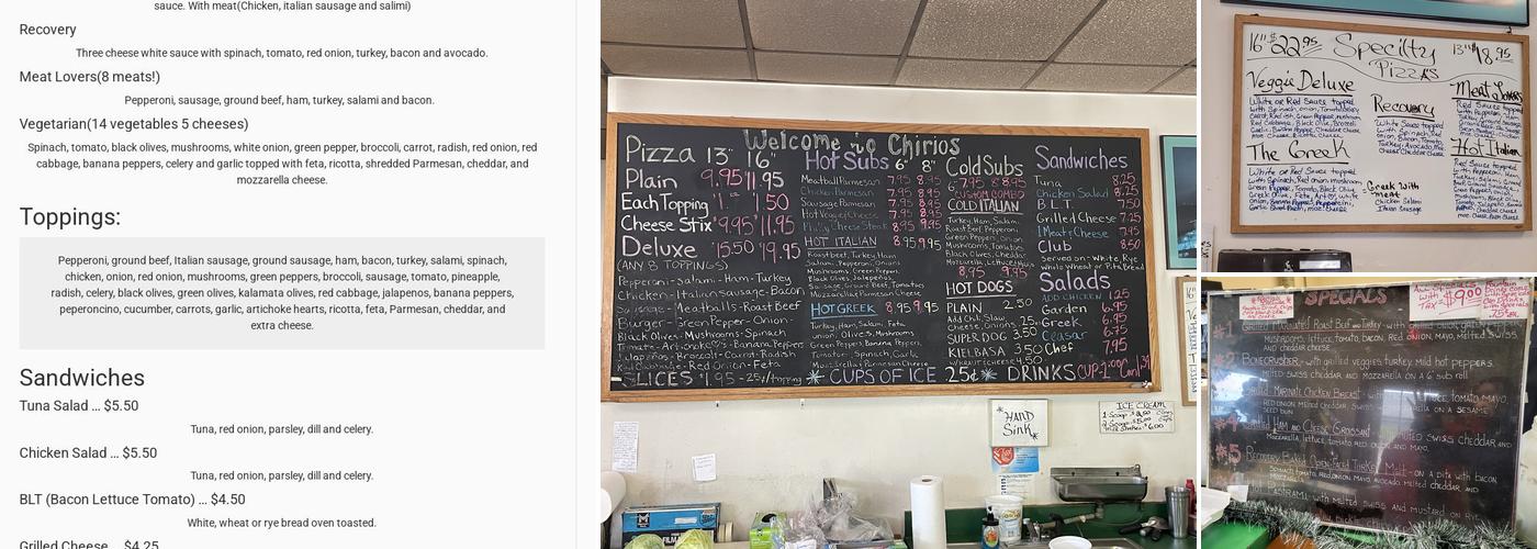 Chirios Pizza Menu