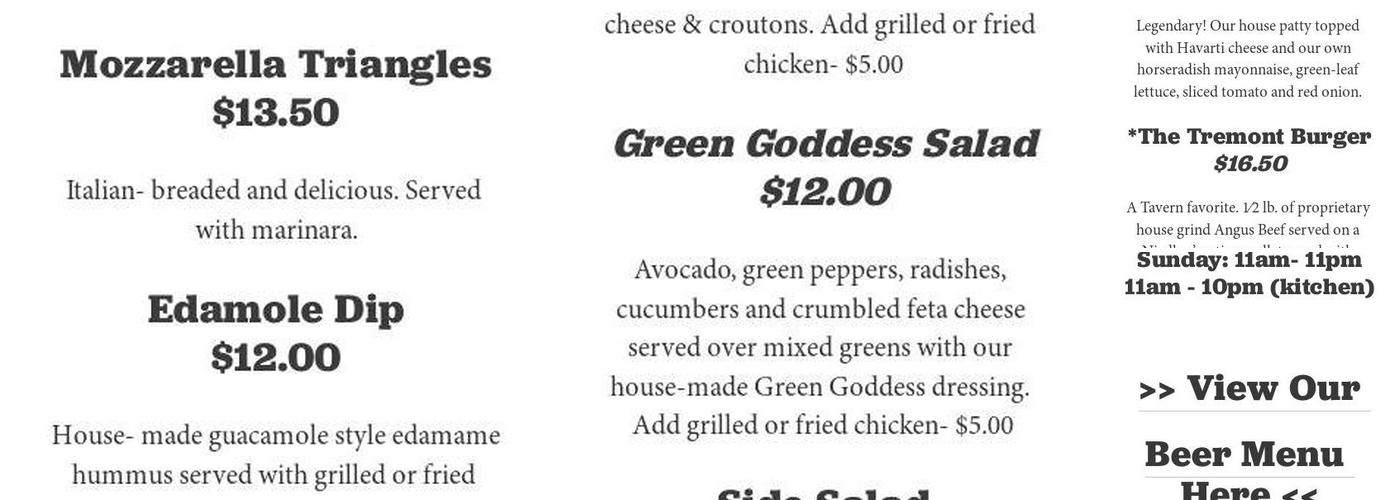 Tremont Tavern Menu