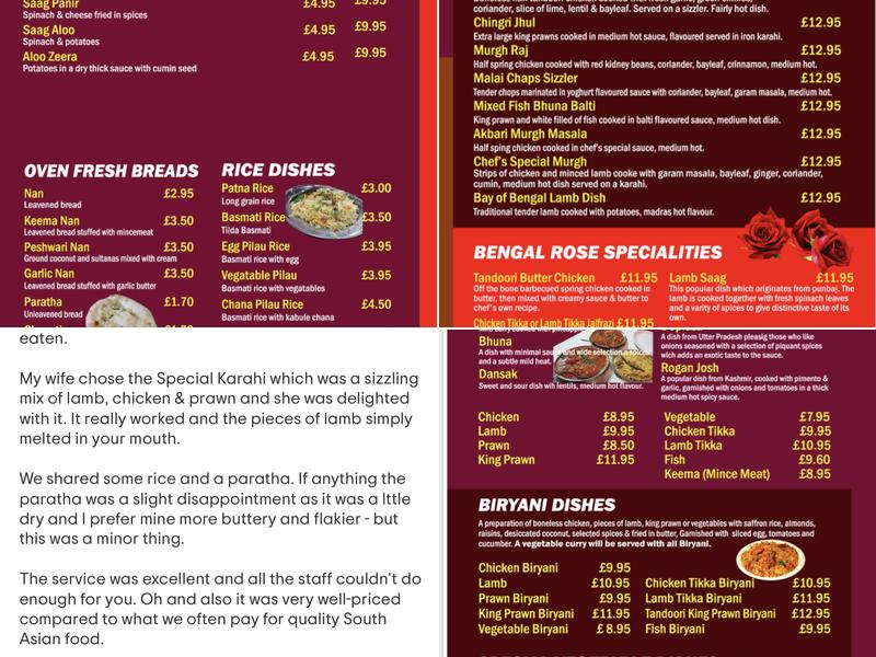Bengal Rose Restaurant Ulverston Menu