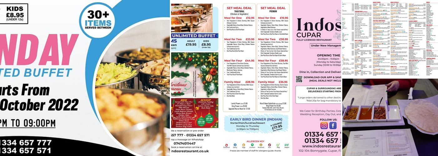 Indos Cupar Restaurant and Takeaway Menu