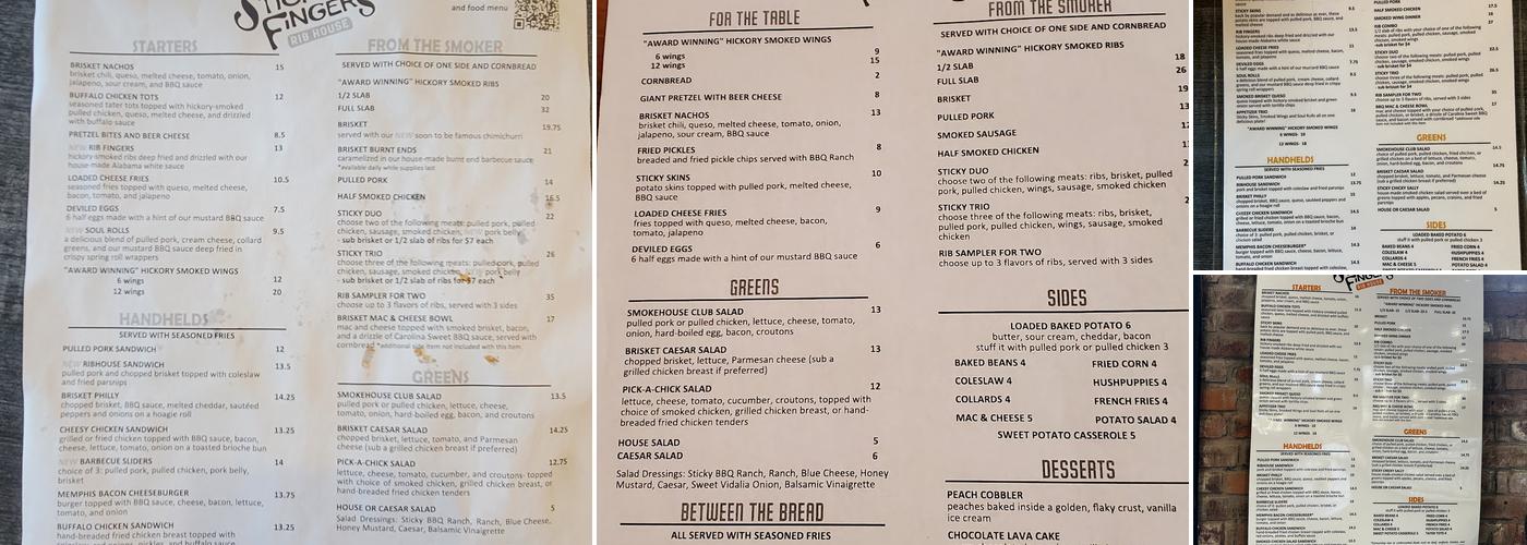 Sticky Fingers Rib House Menu