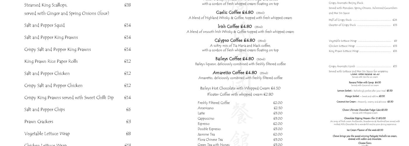 Chows Meeting House Menu