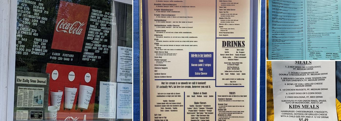 Karin's Kustard & Hamburgers Menu