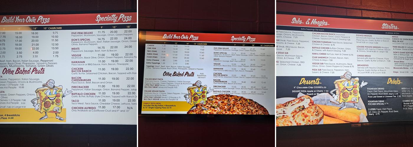 Don's Pizza Menu