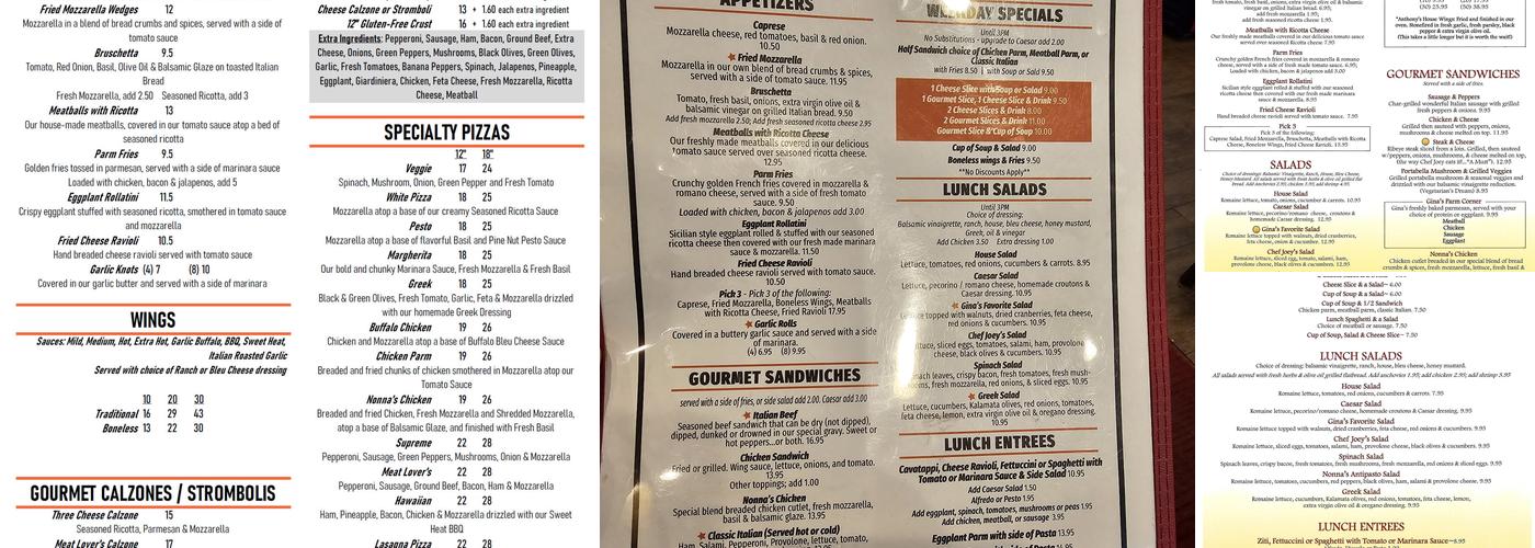 Gina's Stonefired Italian Pizzeria Menu